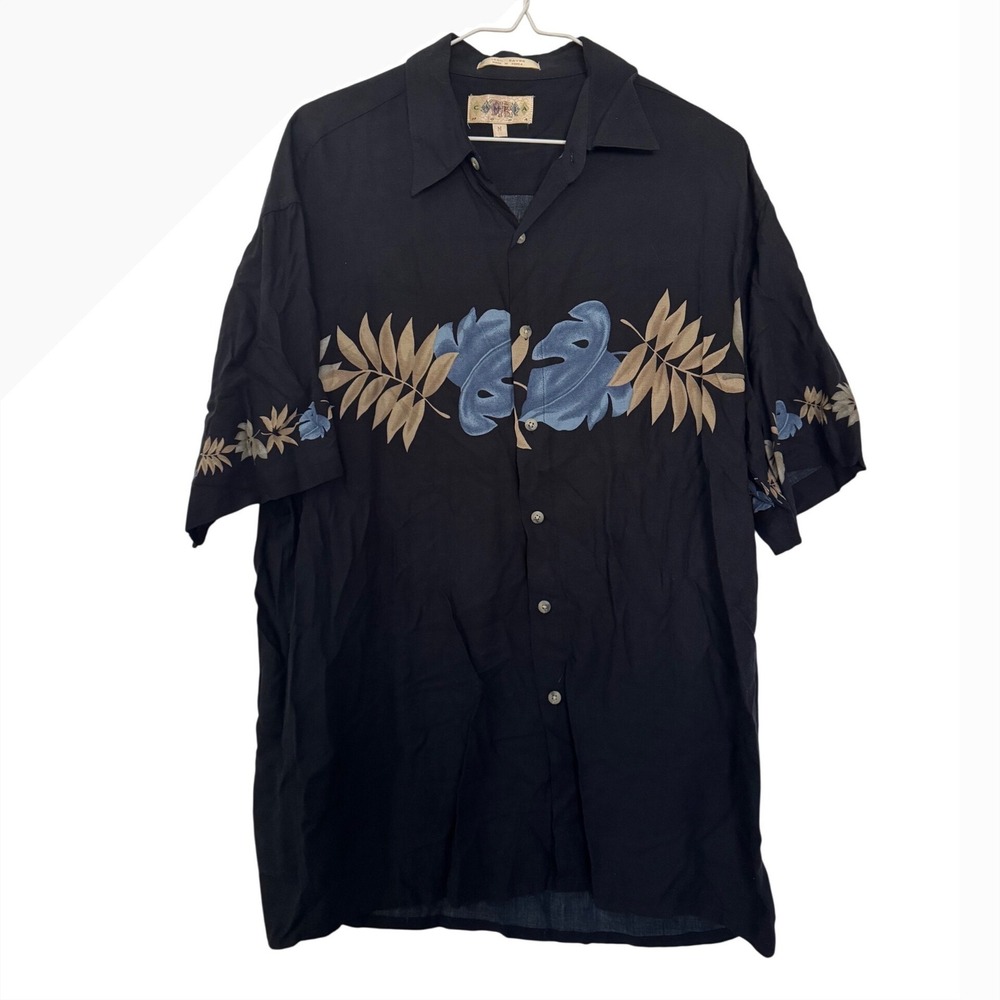 Campia Moda Mens Black Rayon Tropical Monstera Palm Leaf Button Down Shirt M